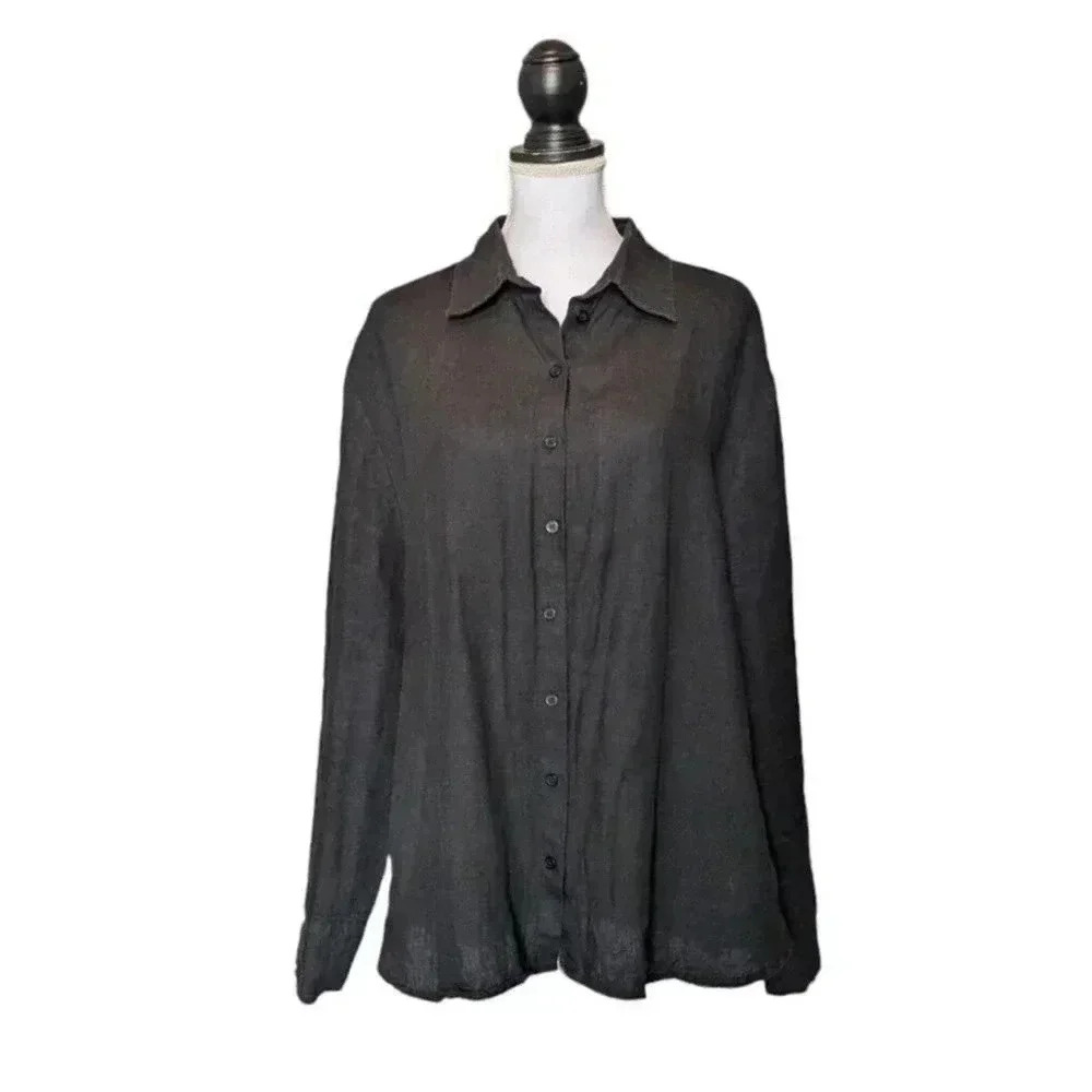 A DSGN Black 100% Linen Button Up Top Size Medium Oversized Long Sleeve Collar